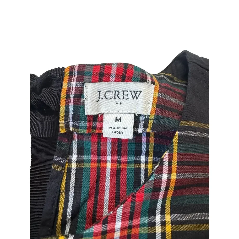 J.CREW Tartan Plaid Poplin Puff Sleeve Top Size Medium Red Black Green Yellow